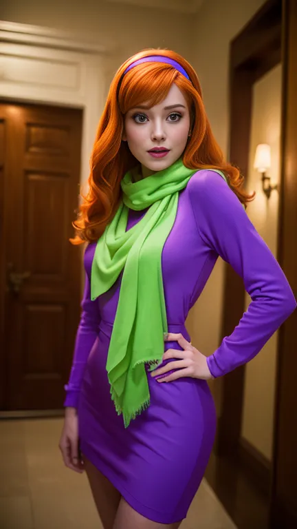 ( masterpiece,  the best quality:1.4), (standing:1.5), (pose sexy:1.4), ( in a horror house with ghosts), daphne blake, (green) ...