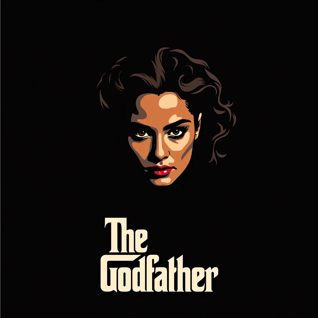 Illustration for the film "Godfather" made in pulp style, black background, in the image of Alice Braga Moraes, at the bottom and on the left the inscription literally Godfather in a beautiful font in white