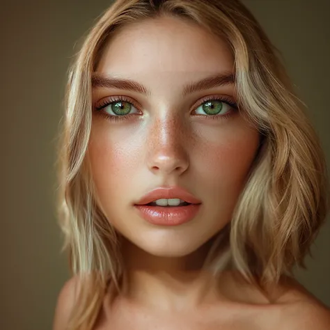 blond woman with freckles and green eyes posing for a picture, continue with the girl hair in the parts that not exist