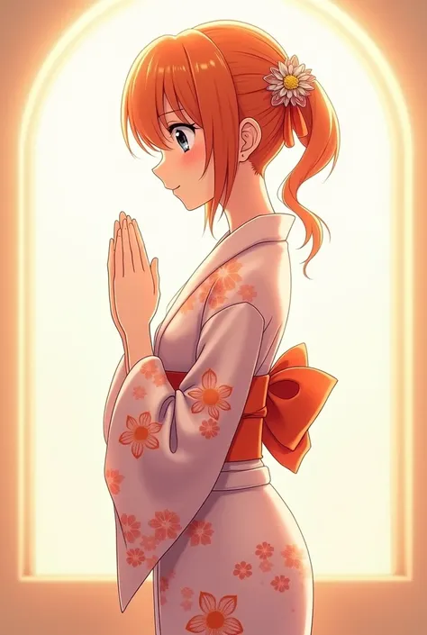 Masterpiece, best quality, linear art, Magi anime, Morgiana character, 4K quality, cute moe anime kimono suit with floral print, soft smile, anime style Japanese hair, Side shot, anime style Japanese hair, shiny orange hair, bright light source beautiful ,...