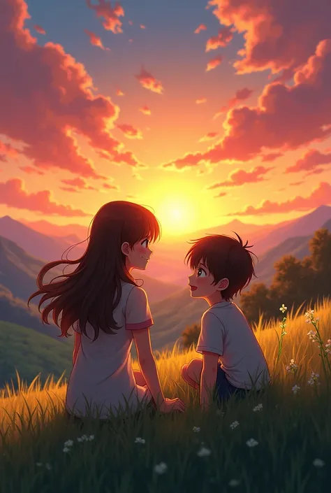  A girl and a boy sitting on a mountain grass watching the sunset full of colors, watching her happiness sprout through the colors .    She has long brown hair and he has short black hair .