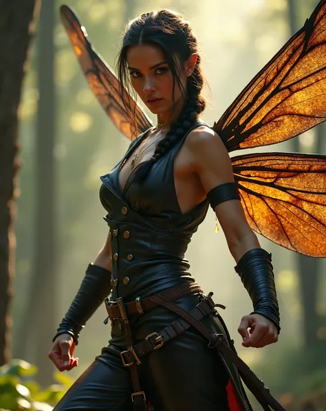 Masterpiece, UHD, 8K, full body image of a half-elf warrior who stands in a cinematic fighting stance, her dark hair in a braid, her large dragonfly wings shining in the sunlight. She wears a silk tunic and leather pants with buckles on the legs that accen...