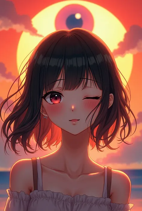  A female anime character with her left eye closed. And the sun in the shape of an eye