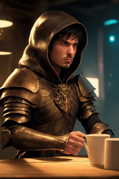 Man, short hair, hooded, leather armor, holding cup, angry, looking at screen, looking at camera, sitting at table