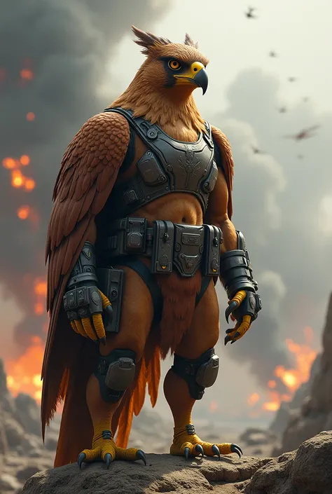 A powerful humanoid falcon with a muscular, athletic physique, covered in sleek feathers of rich brown and gold. The falcon’s sharp eyes and strong wings are complemented by a rugged, tactical war uniform. The military outfit is designed for both aerial an...