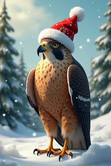 Falcon wearing a Christmas hat 
