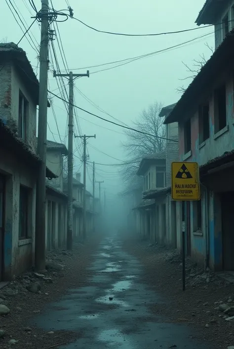  An urban landscape marked by devastation : abandoned houses,  radiation signs stuck in the ground ,  and the bottle with the blue powder in a cabinet , now under strict surveillance .  A gloomy environment that conveys the seriousness of the tragedy."
