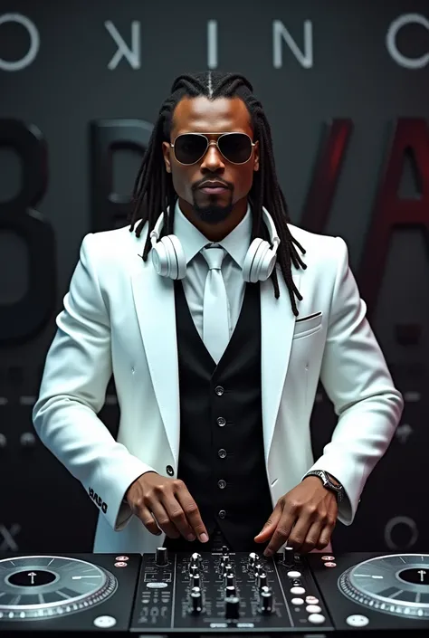 tanned skinned, white suit, black vest, glass turntables, white headphones, black aviators, white tie, dreadlocks, black letters at the top of image that say BRAVO, black letters at the bottom of image that say CASANOVA, High Resolution, Long Hair, Masterp...