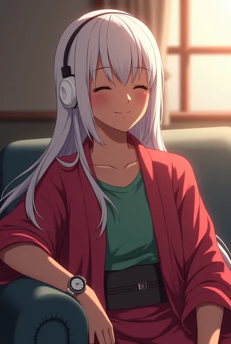 A person seated with their arm resting on the back of the sofa with white wire headphones listening to music and smiling with their eyes closed.  A red kimono with a green shirt underneath . With smooth and long white hair and black skin.  anime style  ( T...