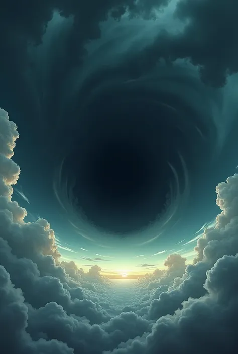  A very large sky , excessively large, PANORAMIC VIEW,  with a black hole of gray clouds, very dark hole ,  today in the center of the sky ,  maximum quality ),  (4k),  movie style,  Moebius-style sky , Many details, 