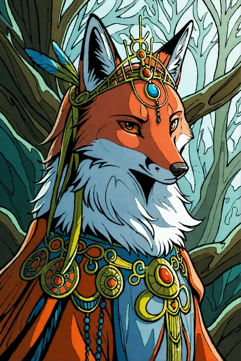 A mystical fox inspired by Inca culture, blending the sleek body and sharp features of a red fox with intricate golden jewelry, headdresses, and patterns reminiscent of Inca art. The foxs fur is adorned with vibrant geometric designs and golden accents, re...