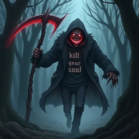 A Masked Ghost , Wearing a rufted jacket and hoodie,  in the jacket is written  "Kill You Soul" holding a large scythe,  with a cold look and an evil smile with serrated teeth ,  your clothes are  you are running towards the viewer with bright red eyes,sce...