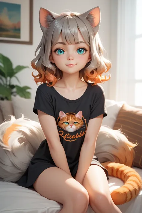  loli, solo, cat girl, :3, teenager , aqua eyes, white gray hair, gradient orange hair, gradient brown hair, wavy bob, big brown cat ears with black and orange stripes, fluffy big tail gray with black and orange stripes. 
