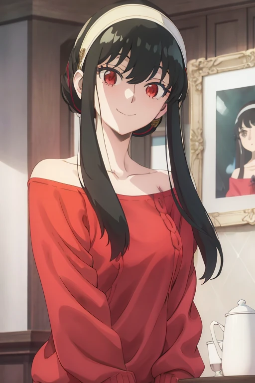 upper body, yor, 1girl, solo, off-shoulder sweater, red sweater, collarbone, black hair, red eyes, black hair, short hair, short hair with long locks, bangs, sidelocks, white hairband, looking at viewer, :o, simple background, ((masterpiece, best quality:1...