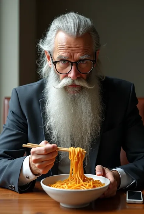 Wizard with extra long beard eating noodles, very long facial hair, clean, business suit