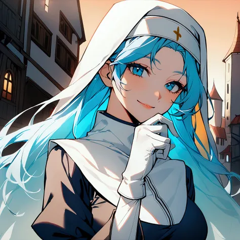  Medieval town background, nun clothes, surgical glove, glove, surgical mask, 1woman, solo, white and blue hair, white hair, blue hair, gradient hair, white hair with a bit of blue, long hair, shining hair, medium-large breast, facing viewer, subtle smile,...