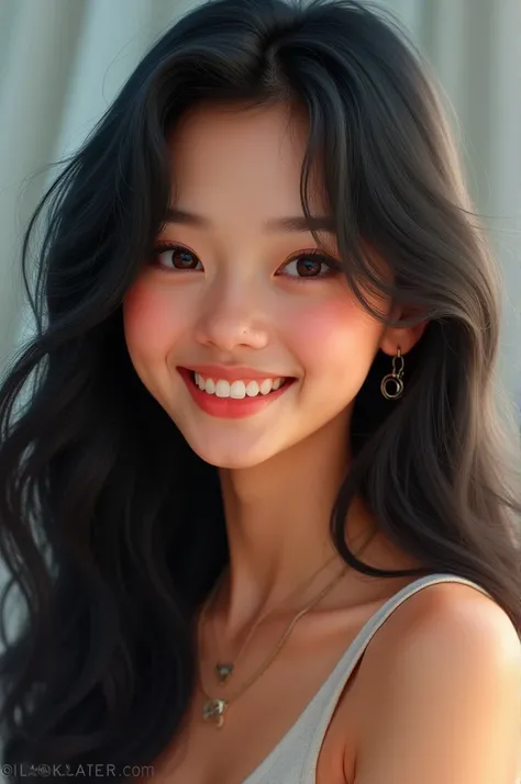 A girl with black hair and smiling