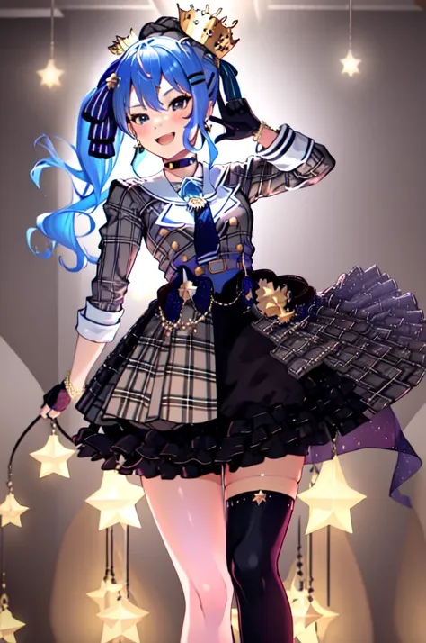 HoshimachiSuisei, side ponytail, blue hair ribbon, SuiseiBase, plaid beret, crown, blue star choker, star earrings, blue ascot, plaid jacket, plaid skirt, layered skirt, partially fingerless gloves, star bracelet, uneven legwear, thigh strap, (looking at v...