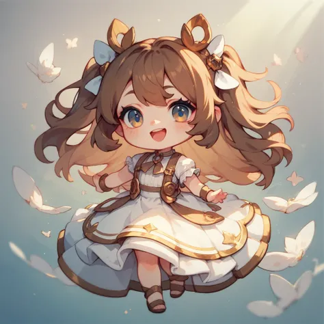 Chibi Girl  ,brown hair,white dress,long fit skirt,
