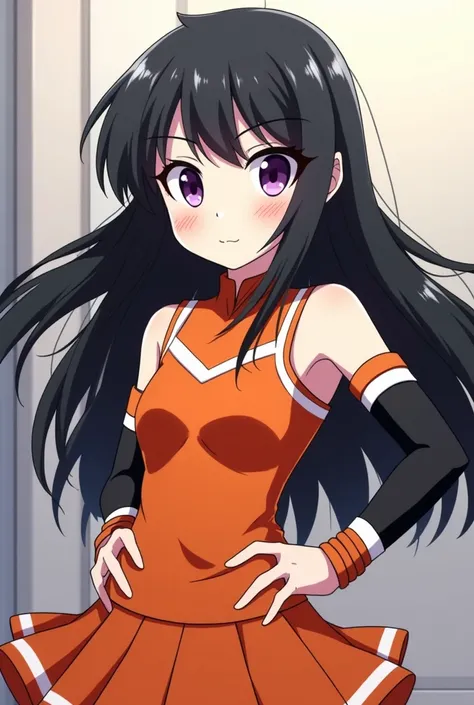 Screenshot of My Hero Academia white-skinned girl with black hair and purple eyes wearing the orange cheerleading costume from My Hero Academia 