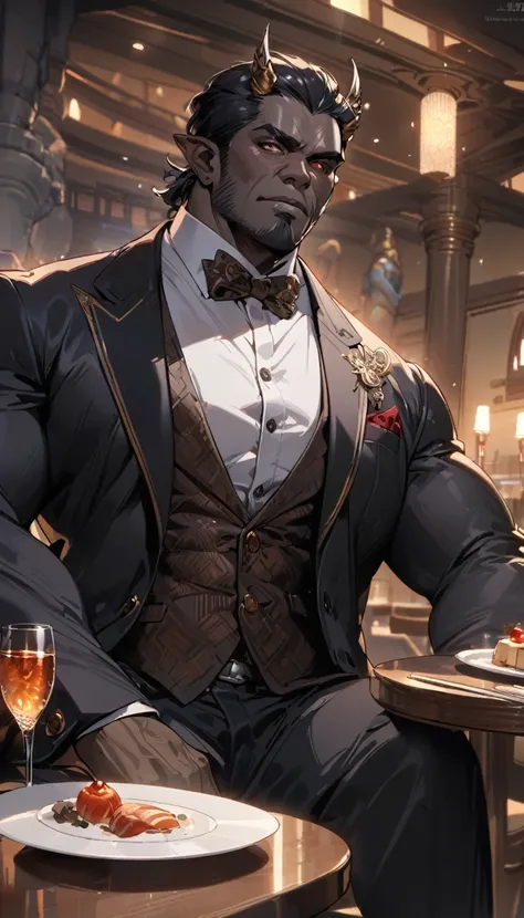 Best quality, masterpiece, 1male, oni, handsome mature ogre, 40 years old, short black hair, fantasy, orc tusks, dark black skin, obsidian skin, black man, pointed ears, stone horns, dapper, large and strong, fantasy science fiction fusion, background of a...