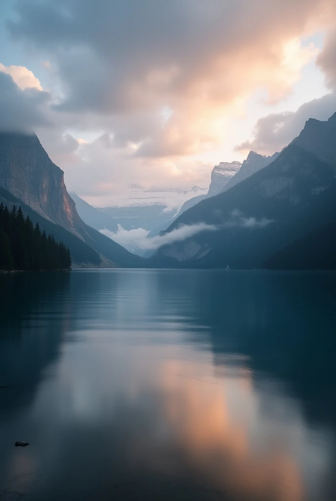  A photograph of a mountainous landscape at dawn ,  with a serene lake in the foreground reflecting the sky ,  moving clouds captured with long exposure creating an ethereal effect,  and warm and soft tones that convey calm .  The depth of field allows eve...