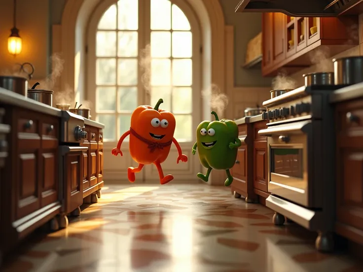 A majestic French restaurant kitchen gleams in morning light. Ollie, an orange bell pepper wearing a tiny chefs scarf, bounces excitedly through the grand doors while Gus, a shy green bell pepper, peeks nervously from behind him. Their reflections show in ...