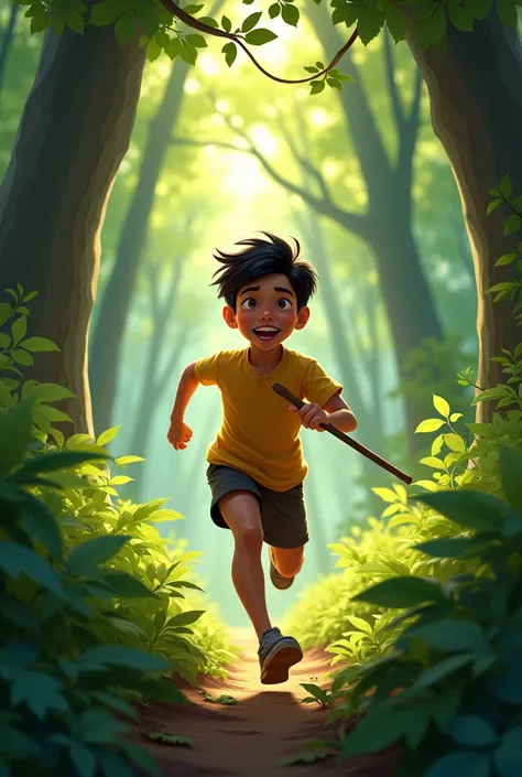 ,A large forest with thick trees and bushes.
Characters: Ahmed 12 yesrs oldrunning through the forest, excited, holding a stick. His facial expression shows he is about to play a trick on the villagers.
Details: The sun is shining through the trees, castin...