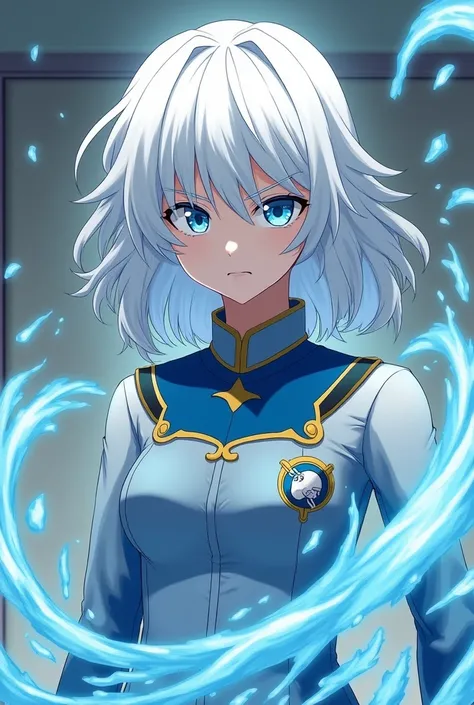  A character from Boku in the albino hero with wavy white hair, Blue eyes with uniform and water power and room 1A pi 