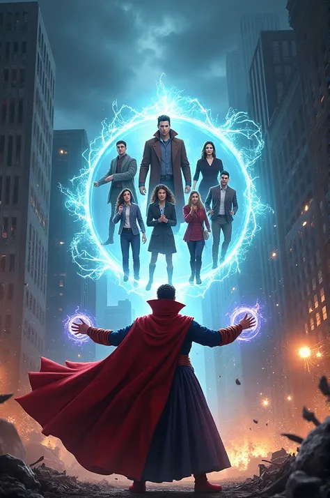 Create an image of Doctor Strange that opens portal into battle from which the protagonists of Friends come out