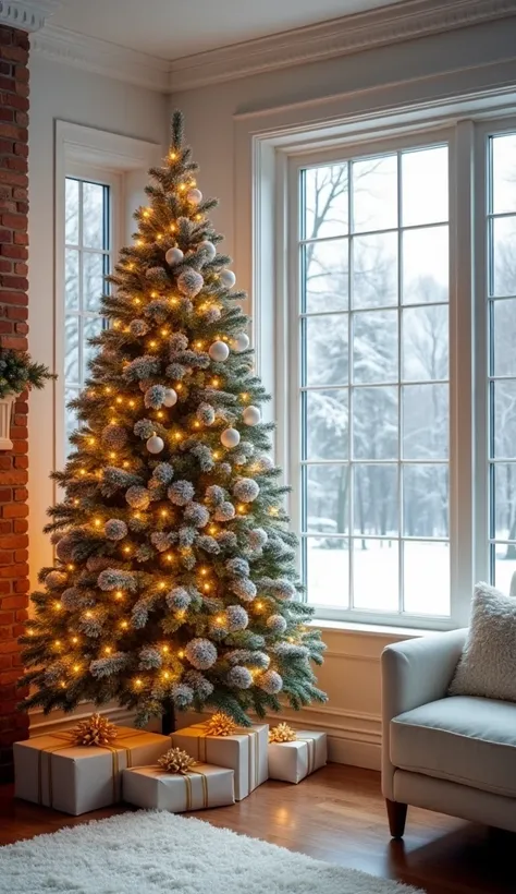 The image shows a decorated Christmas tree in an indoor setting. The tree is large and located in a corner of the room, next to a window and a brick fireplace. It is covered in artificial snow and decorated with white baubles and warm lights. At the base o...