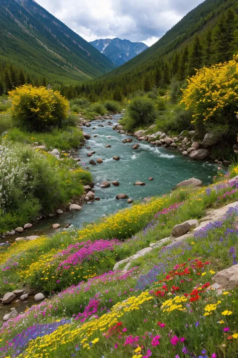 a mountainous region abounding with various multicolored stones. Its also sprinkled with colorful trees and strange-looking wildflowers.  with a stream nearby.  The temperature is somewhat warm and the sky is partially cloudy.