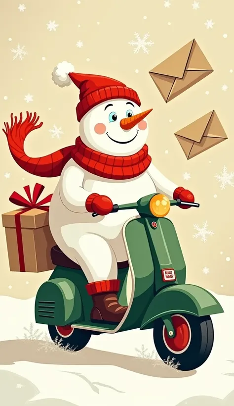  Snowman mailer with letters to Santa Claus, On a scooter ,  Soviet postcard style illustration , white shining warm background , clipart