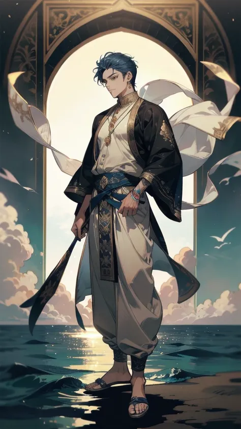 (( best quality)), ((masterpiece)), ( Details),Brown Skin、 blue hair 、seaの男、 tall muscular 、Tattoo、 Standing Alone 、The whole body, including the feet、sea、 Arabic、sea賊の服装、seaの神様、 GOLD ACCESSORIES