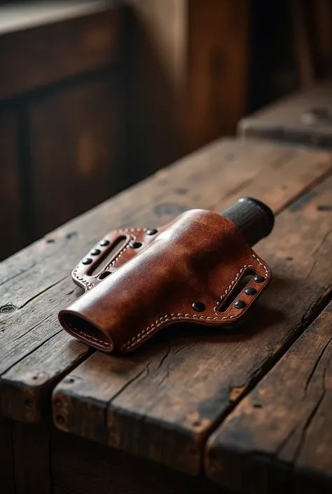 a holster on a dark wooden table