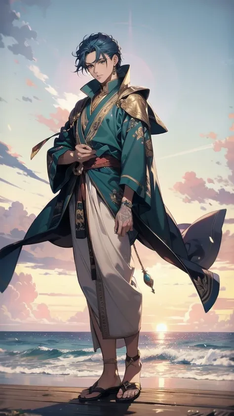 (( best quality)), ((masterpiece)), ( Details),Brown Skin、 blue hair 、seaの男、 tall muscular 、Tattoo、 Standing Alone 、The whole body, including the feet、sea、 Arabic、sea賊の服装、seaの神様、 GOLD ACCESSORIES