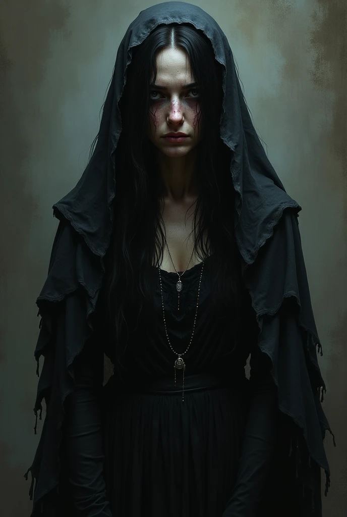  A woman with black hair covered with a shawl,  black widows dress and a wrinkled face , with creepy eyes 
