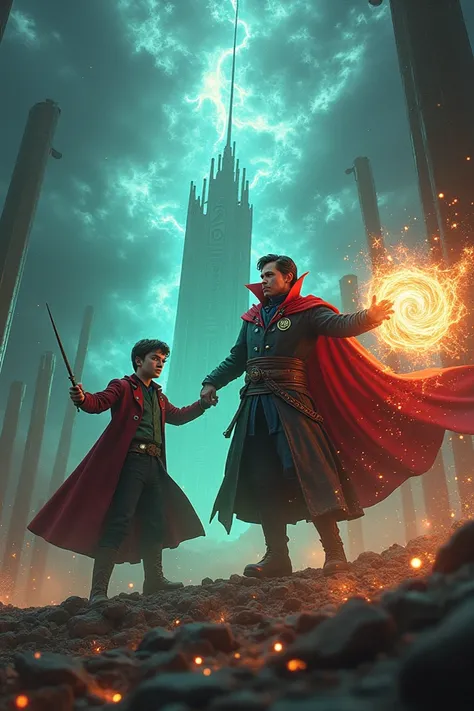 Crea immagine di Harry Potter e doctor strange che combattono insieme 