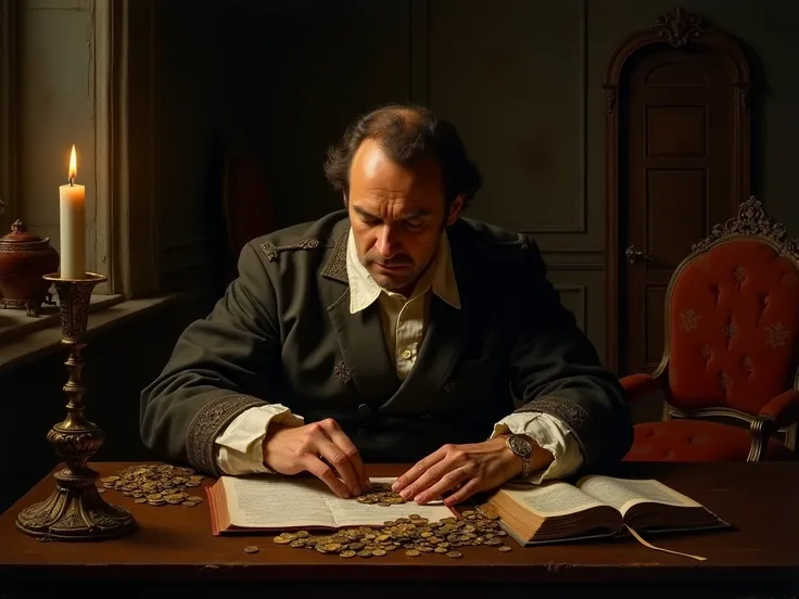 A Baroque painting of a wealthy merchant counting coins at a wooden table in a dimly lit room, with a Bible open beside him. The warm light of a single candle highlights his concentrated expression, while shadows obscure the details of the luxurious furnit...