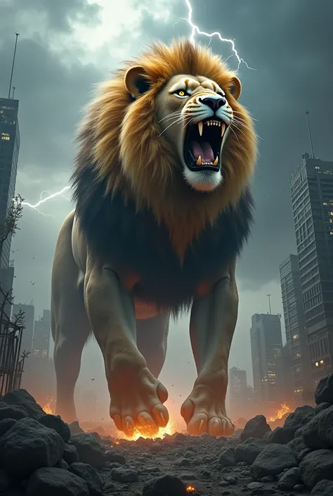  the impressive scene of a monstrous and gigantic lion , the size of a city ,  wearing the official Real Madrid jersey .  The lion has a colossal height of over 100 meters ,  with massive muscles and a ferocious mane that looks like a storm of gold and sil...