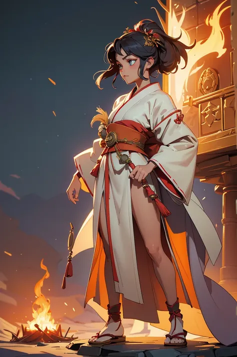 Best quality, masterpiece, high quality, (detailed beautiful face:1.4), (detailed beautiful eyes:1.4), Amenouzume, nihonshinwa, Japanese, woman, healer, shrine maiden, RPG game character, (standing full-body shot:1.4), dignified presence, regal aura, grace...