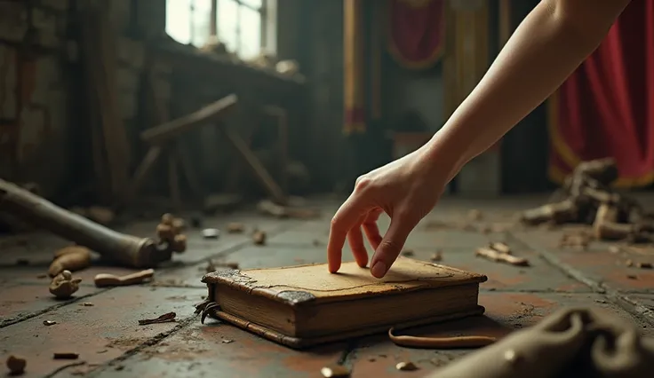 one hand, With a youthful appearance, Picking up an old diary from the floor of an abandoned circus.