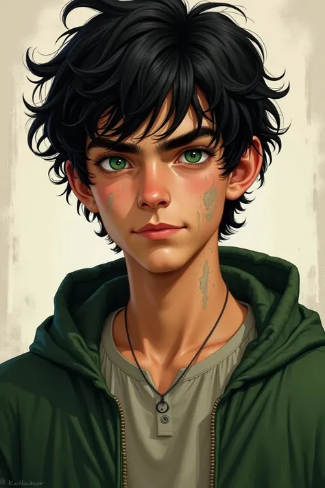 

Percy described as having black, disheveled hair. He also has green eyes, which are one of his most striking characteristics inherited from his father, Poseidon the god of the seas.
At the beginning of the series Percy is , but throughout the series he g...