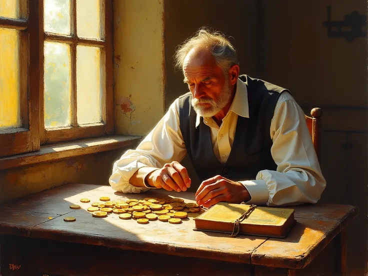 An Impressionist painting of a wealthy merchant counting coins at a wooden table, set near an open window letting in golden sunlight. The coins glimmer with dabs of warm yellow and gold tones, while the Bible on the table is rendered with loose brushstroke...