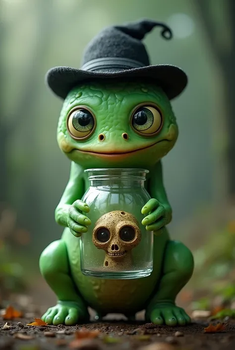 A green sickey with a black cap and a glass jar with one inside 