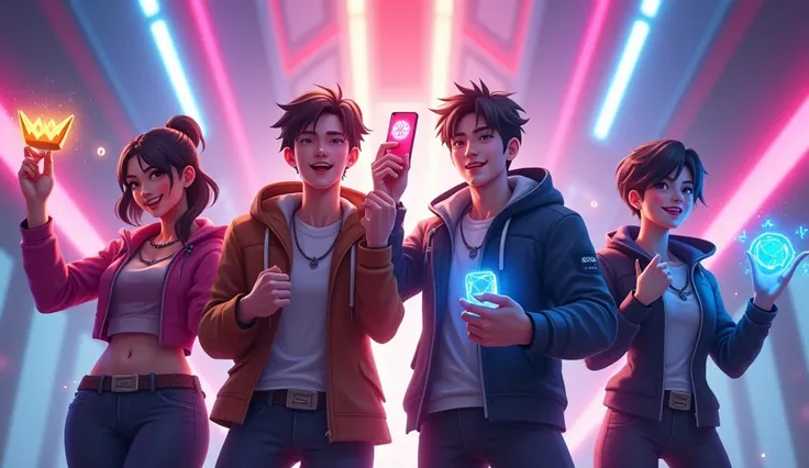  4 Mobile Legends-style players with one hand holding the cell phone and the other light and closed,  celebrating victory , Neon lights background .