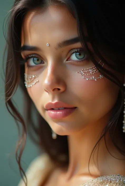 Indian girl 
Blue eyes 
Fair skintone 
Curve figure 
Diamonds face cute 