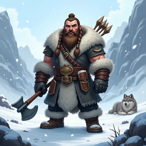 Aqui está um prompt detalhado que você pode usar para criar uma imagem do Thargrum no SeaArt.ai:  

---

**Description**:  
A rugged dwarf ranger standing in a snow-covered arctic wilderness, surrounded by icy mountains. He is short and robust, with a lean...