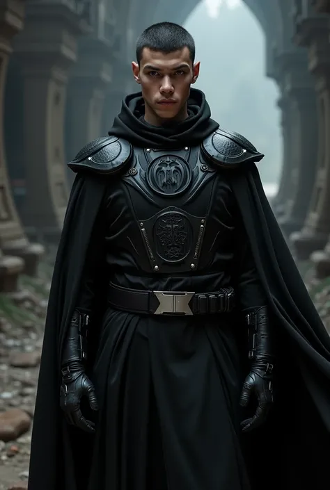 25 yo italian male,black crrew cut hair,sith eyes,black sith robe dress,cybernetic advanced chestplate