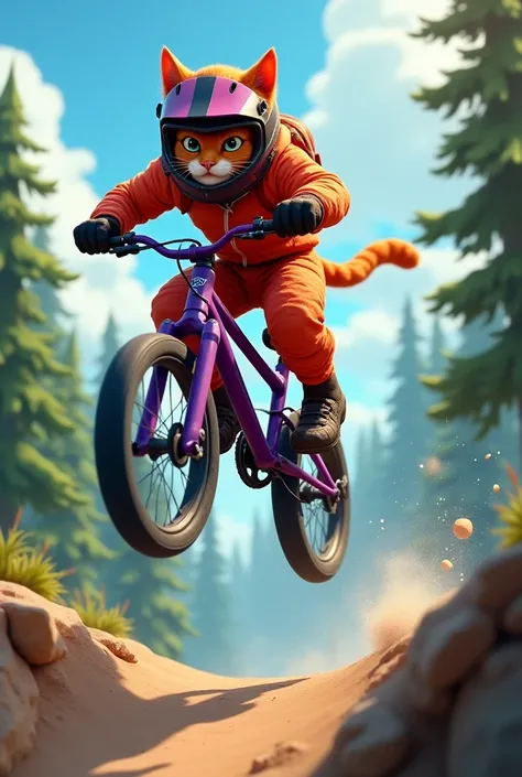 Take an image of a red freerider cat on a purple dh bike wearing a helmet and a glove near the forest with springboards
he must fly out of the springboard and he must have two pods 
more action